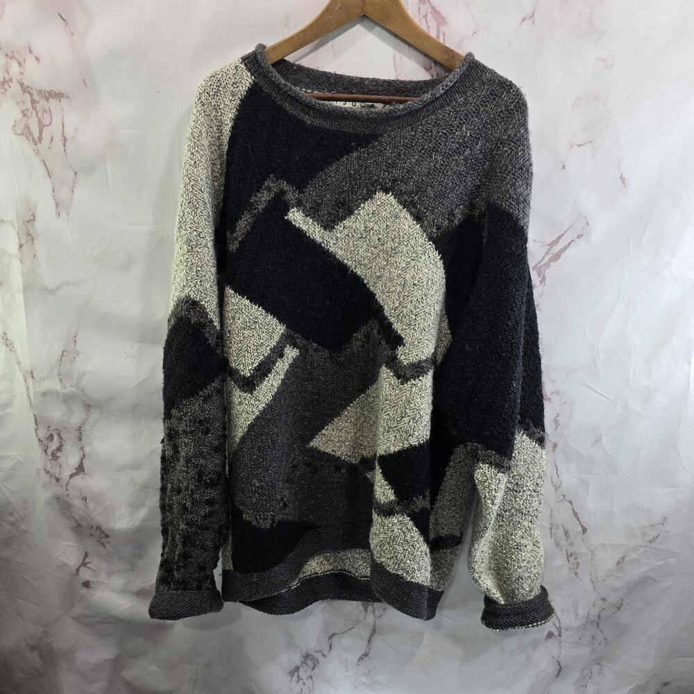 Vintage Sweater Mens XL Gray Crew Neck 90s 80s Roll Neck Chunky Oversized Wool